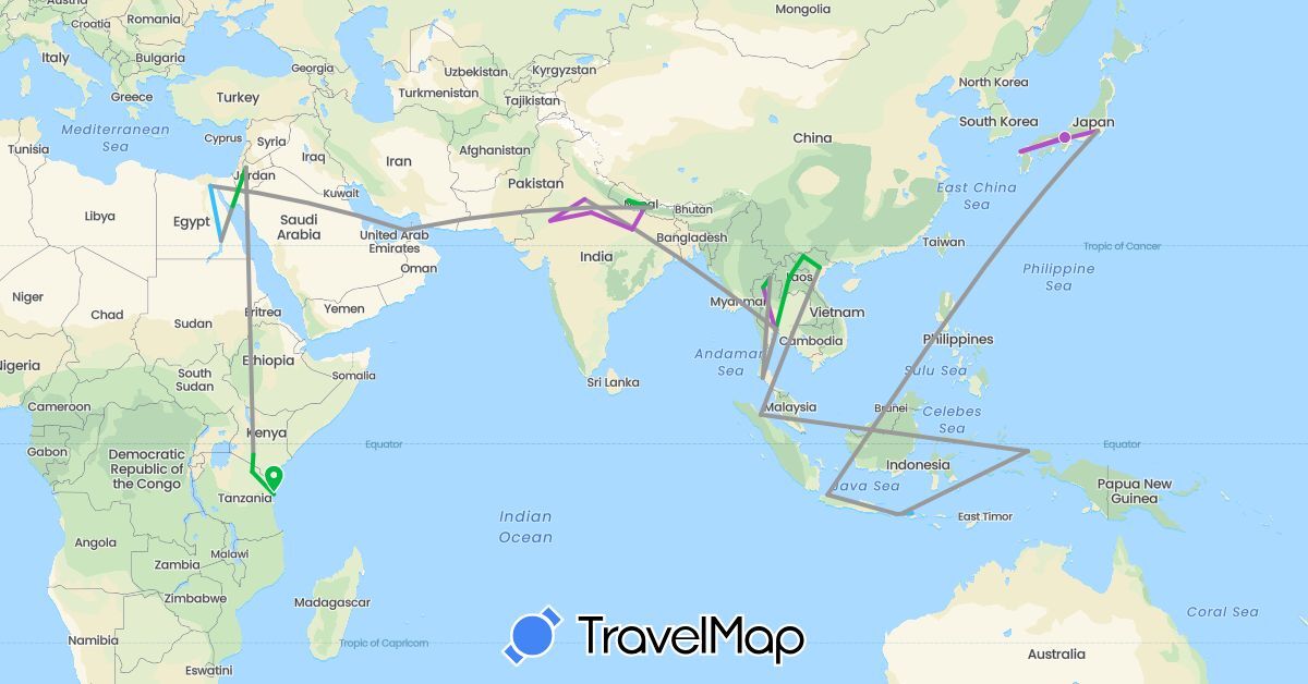 TravelMap itinerary: driving, bus, plane, train, boat in United Arab Emirates, Egypt, Indonesia, India, Jordan, Japan, Kenya, Laos, Nepal, Thailand, Tanzania, Vietnam (Africa, Asia)